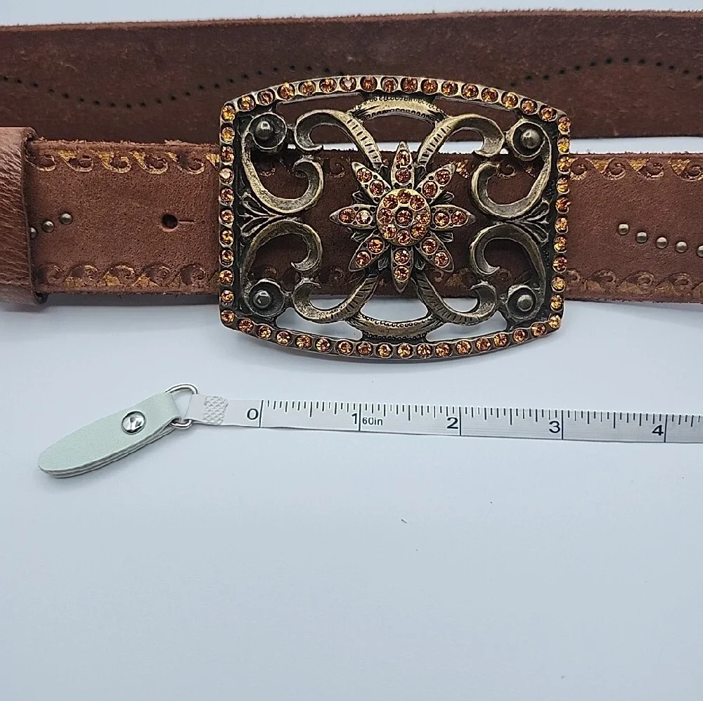 Vintage Brown Leather Western Belt with Ornate Gold-Tone Buckle